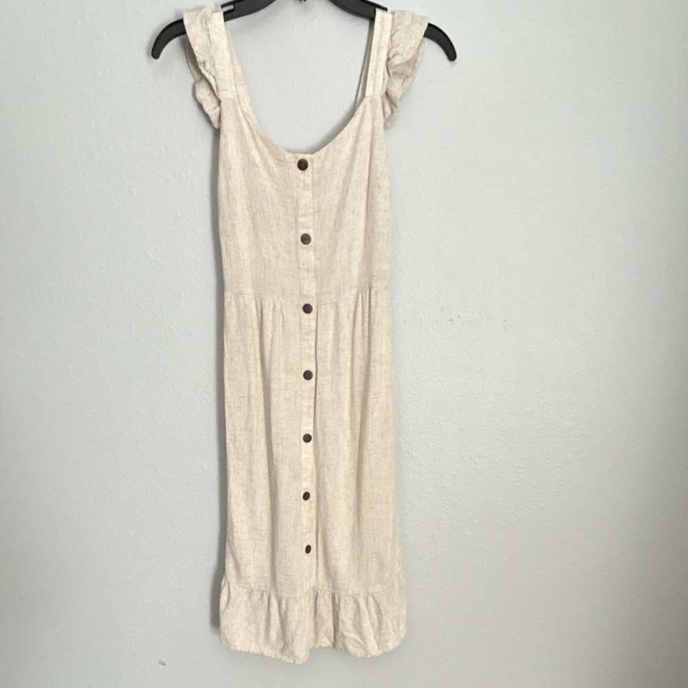 Monteau Beige Linen Blend Sundress S Button Front Ruffle Strap Knee Length - Picture 1 of 11